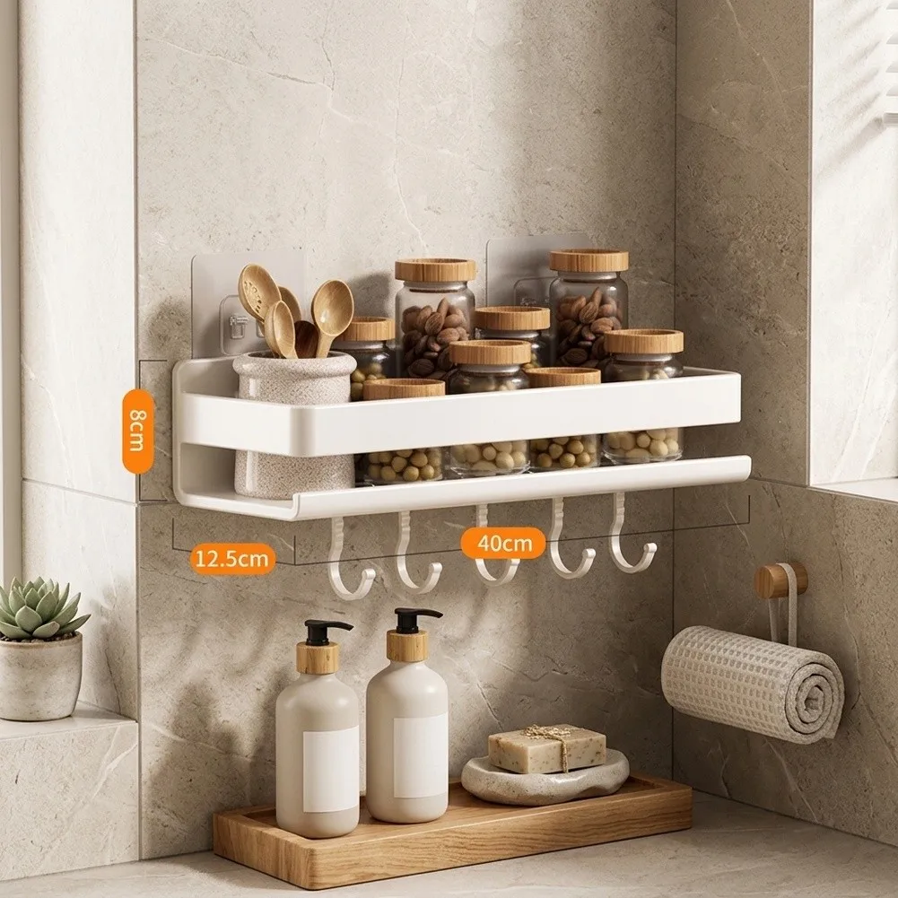 Carbon Steel Shower Shelf for Bathroom Interior Wall Mount Double Tier Design with Drainage Groove and Hook Storage