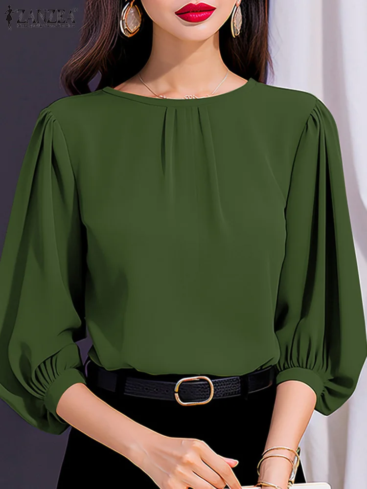 ZANZEA Women Lantern Sleeve Blouses Casual O Neck Stylish Shirts Summer OL Work Wear Pleated Blusas Elegant Solid Color Tops