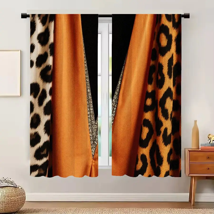 2Pcs Curtains Copper Orange Satin Deep V Neckline Leopard Print Window Drapes for Bedroom Room Decor Decoration Window Treatment