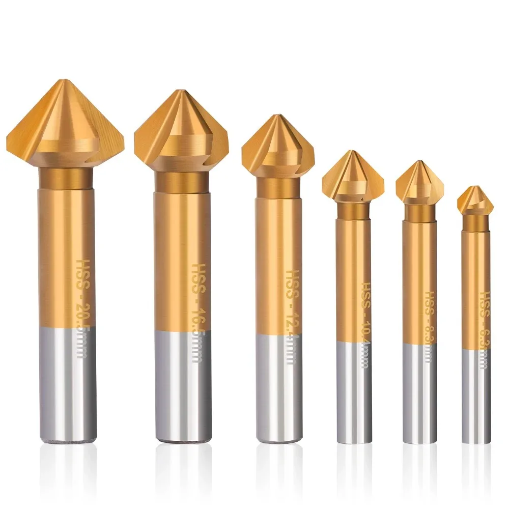 6.3-20.5mm Charmfer Cutter 6pcs 90 Degree 3Flute Chamfer Drill Bit HSS Chamfering End Mill Countersink Drill Bit Deburring Tool