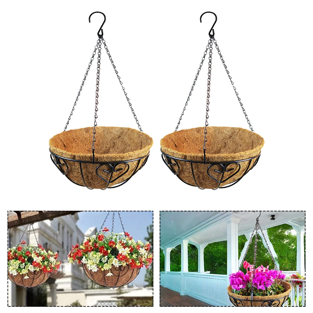 Functional Hanging Flower Pots Set 2Pcs Metal Baskets with Coconut Fiber Liners Perfect for Enhancing Outdoor Spaces