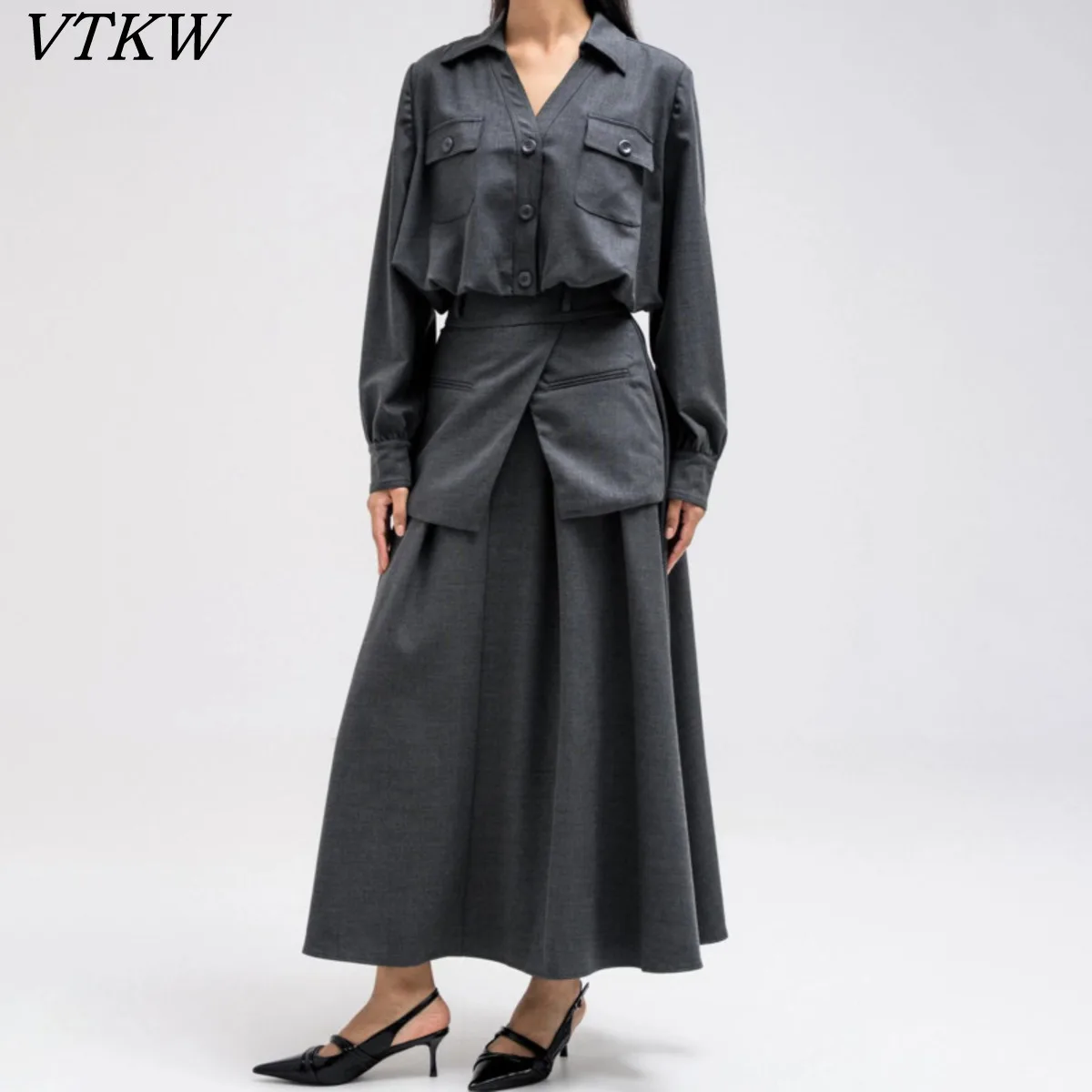 

VTKW 2026 New Women 2 Piece Skirt Set Collared V Neck Button Blouse Patch Pocket High Waist Wrap Overlay Flare Midi Skirt Outfit