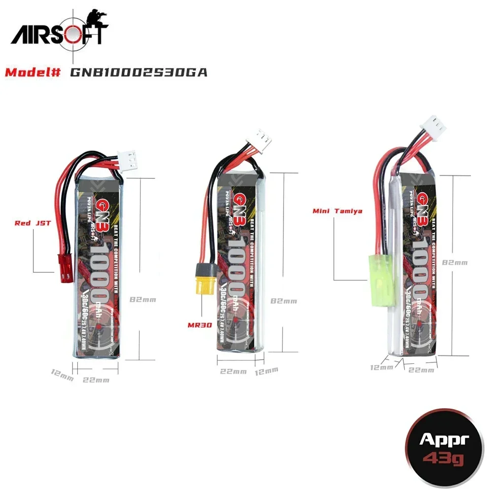 2PCS GNB 7.4V 1000mAh 2S 30C/60C Lipo Battery With JST/MR30/Mini Tamiya Plug For Electric Water Gun RC Toy Airsoft Gun Parts