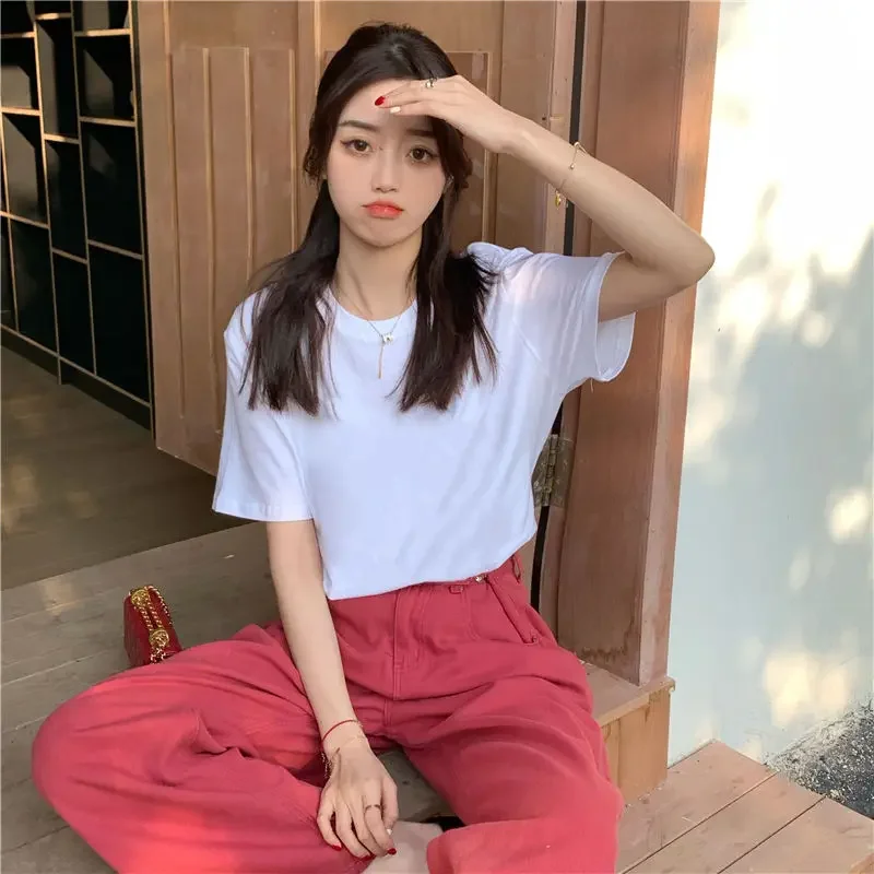 

100% Pure Cotton White T-shirt Women Short Sleeved Summer Clothing 2024 New Round Neck Solid Color Loose Casual Bottom Top Ins
