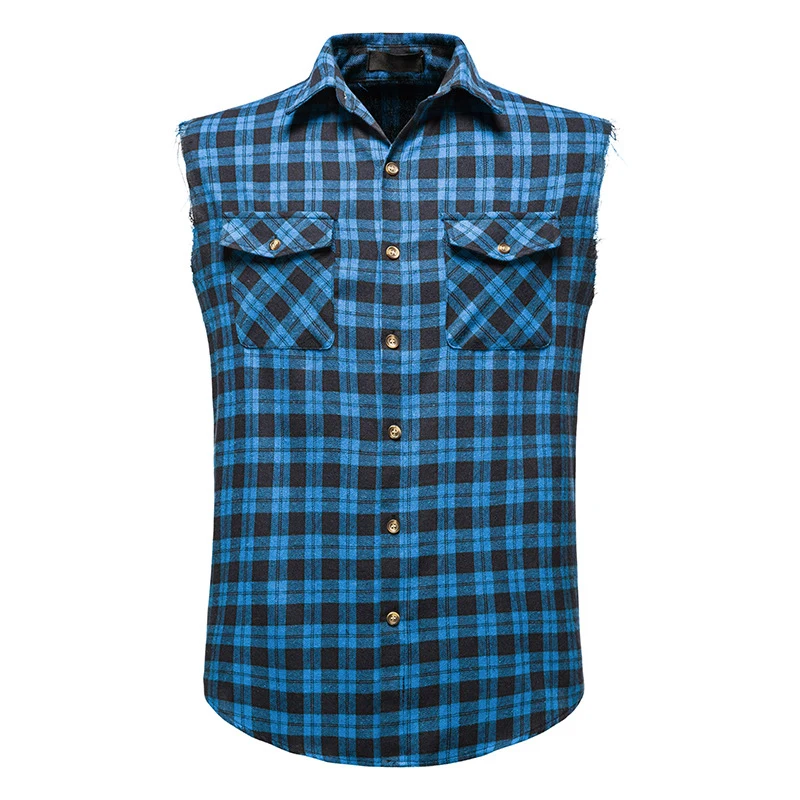 Summer Casual Flannel Plaid Shirt Men Cotton Plus Size Sleeveless Double Pocket Beach Party Sleeveless Shirt Vest Checkered Top