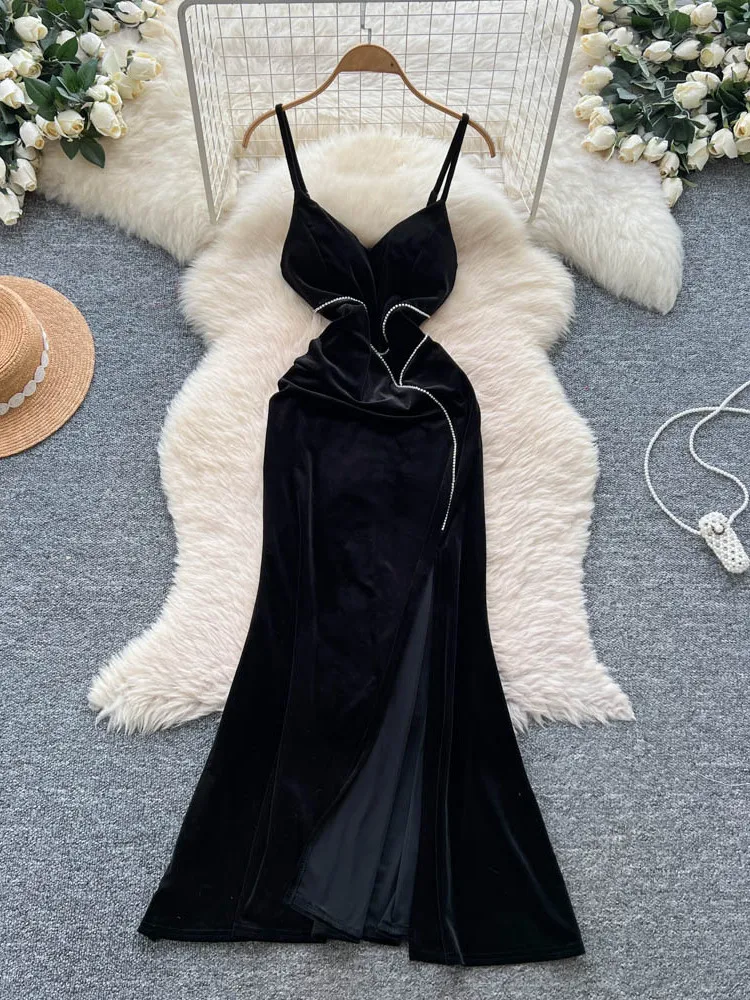 エレガントなベルベットロングドレス レディース ハイウエスト フィッシュテールガウン 重装飾ストラップ スプリットスタイル シティ通勤 韓国風