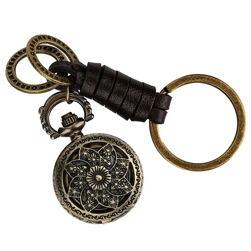 Bronze Pocket Watch Hollow-Out Flower Case Mini Size Pendant Key Ring Quartz Timepiece for Men Women Arabic Number Display