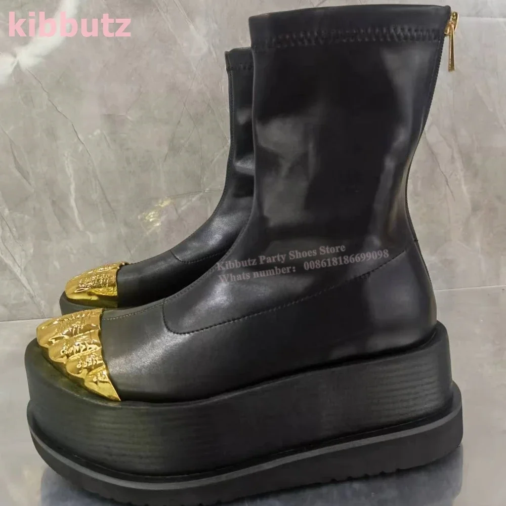Golden Brass Ankle Boots Five Finger Platform Thin Heel Genuine Leather Back Zipper Fashion Novelty Luxury Sexy Women Shoes New