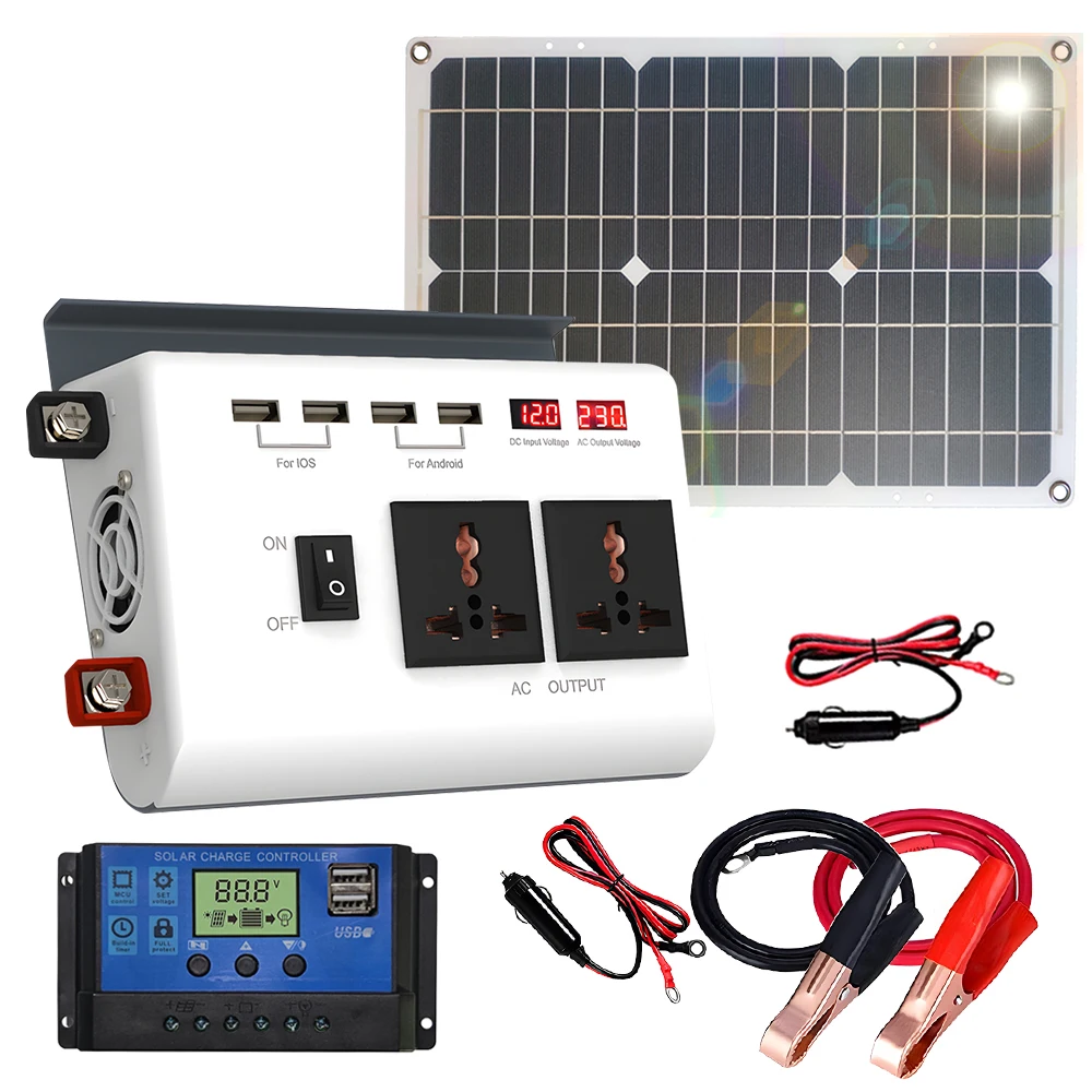 

DC 12V to AC 110V/220V Inverter Power Inverter with Solar Panel Solar Charge Controller LCD Digital Display Screens Inverter