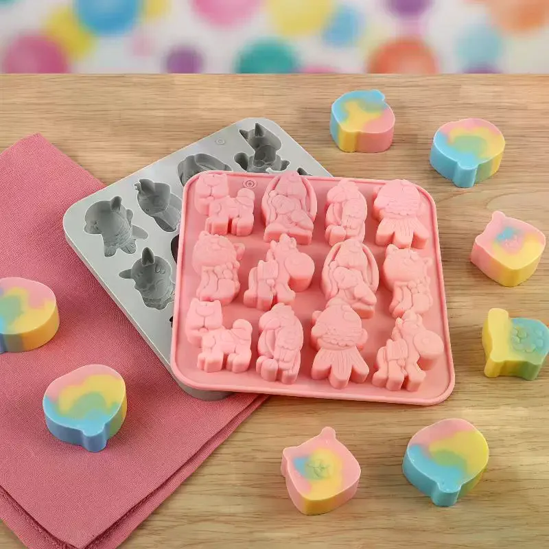 12 Cavity 6 Kinds Cartoon Animal Shaped Chocolate Silicone Molds DIY Handmade Dessert Pudding Jelly Cake Baking Molds