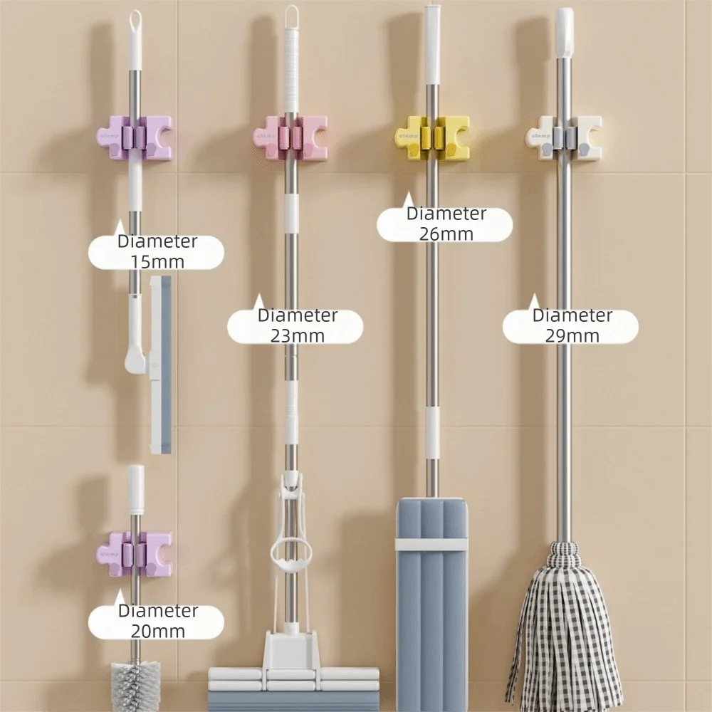 No Drill Puzzle Splicing Mop Broom Holder Wall Mounted Space Saving Macaron Mop Clip Self Adhesive with Hooks Macaron Mop Holder