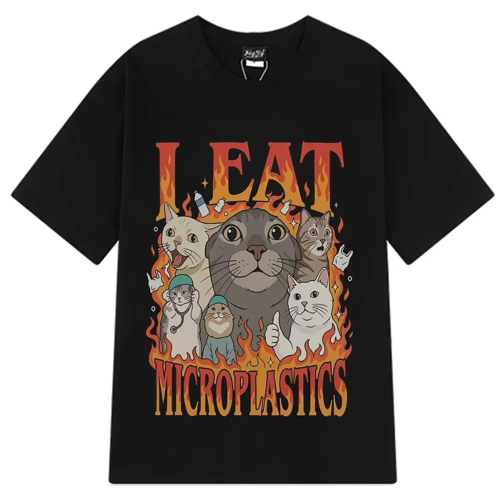 Cursed Cat I Eat Microplastics Graphic T Shirt for Men Women Funny Meme T-Shirt Summer Short-sleeved Loose Casual Cotton T-shirt