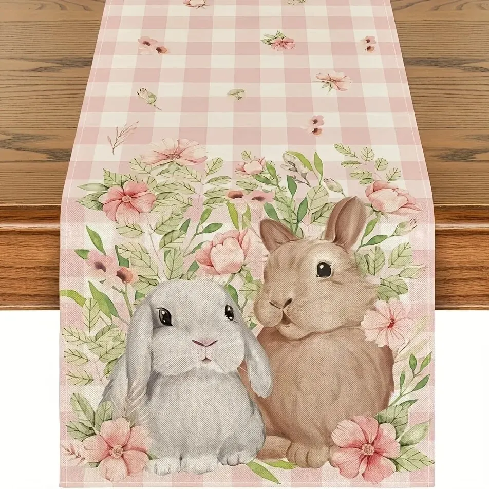 1pc Easter Table Runner, Bunny Rabbit Flowers Leaves Pink BuffaloPlaid Table Kitchen Dining Decoration For Indoor, Party Decor