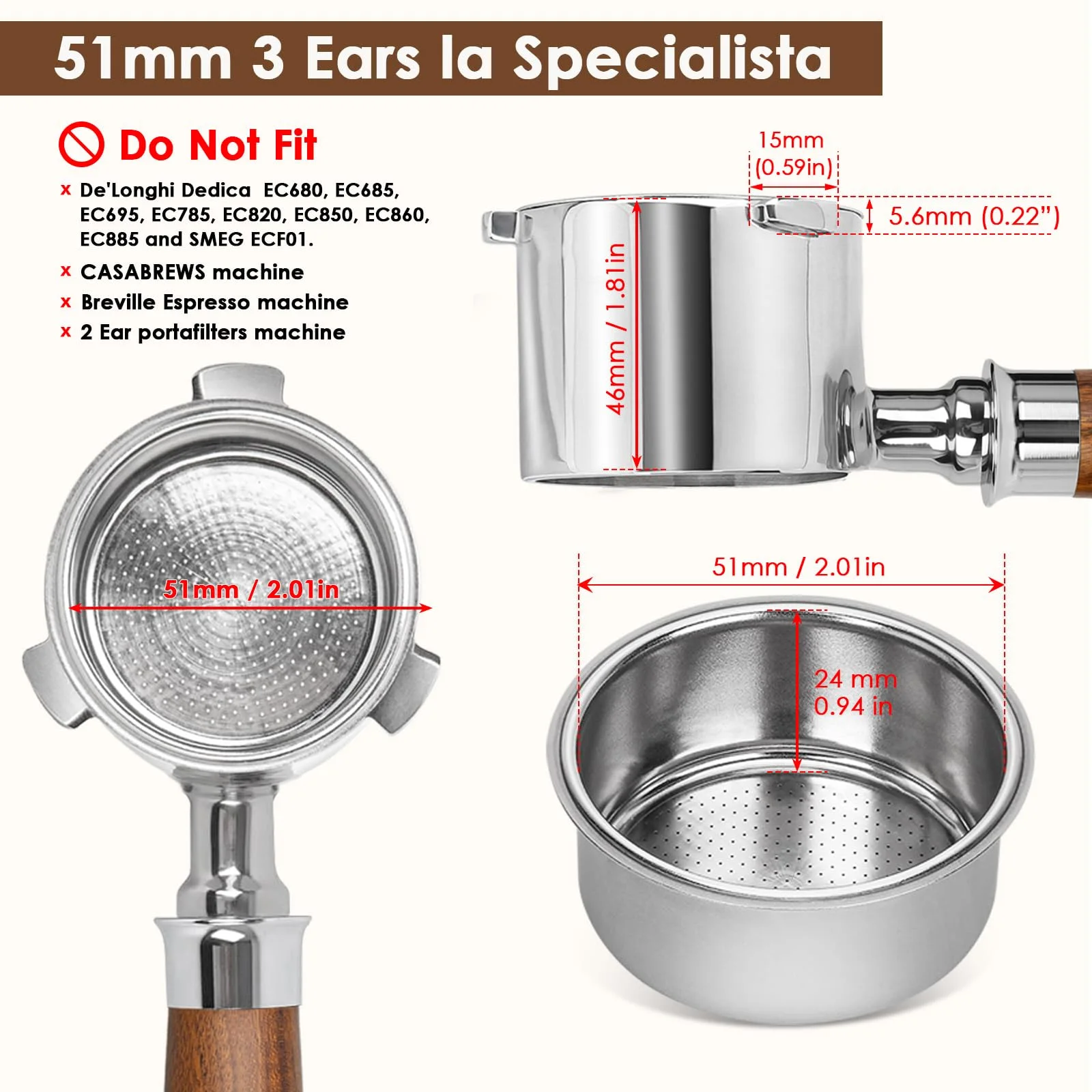 51mm Bottomless Portafilter 3 Ears, NEXBOR  Professional Espresso Portafilter 51mm for  Delonghi La Specialista 9 Series