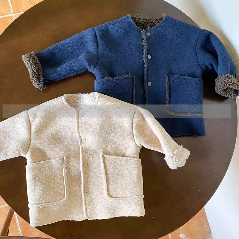 

2025 New Kids Korean Fashion Fleece Jacket Trendy Boys Girls Solid Color Casual Pullover with Round Neck for Autumn Winter