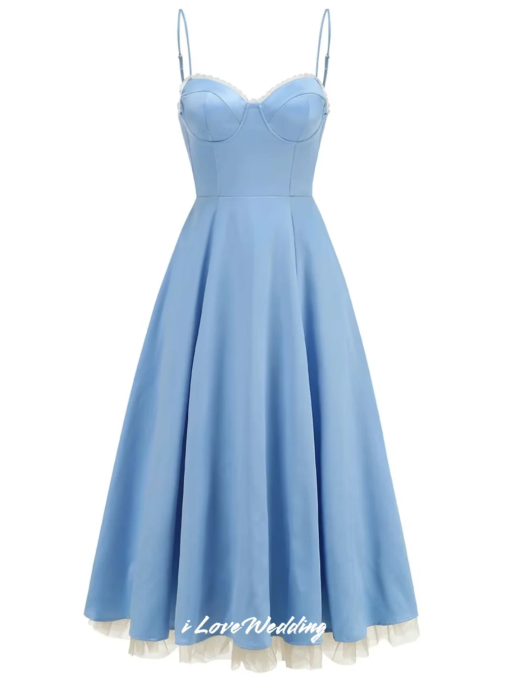 블루 스파게티 스트랩 댄스 파티 드레스 2025 Sweetheart 민소매 백리스 플리츠 A 라인 Tulle 발목 길이 이브닝 드레스 맞춤형