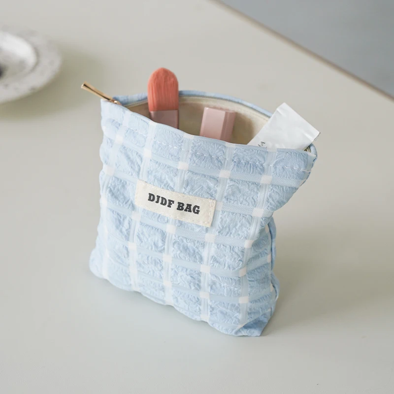 Women\'s Makeup Bag Small Blue Large Capacity Lipstick Headphones Storage Bag Handy Bag Commuter Coin Purse Double Canvas Ins