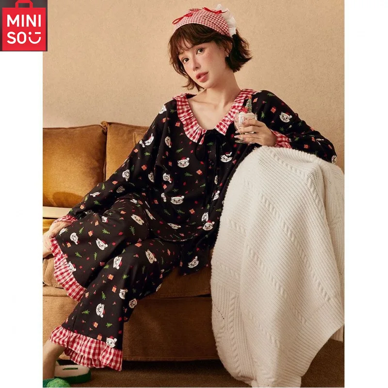 

MINISO printed sleepwear for women in spring and autumn 2025 new color blocked plaid lace home suit set
