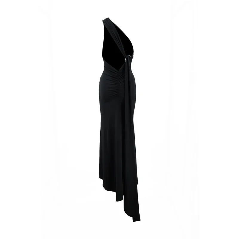 Women's One-Shoulder Sleeveless Maxi Dress Adjustable Scarf Loop Ruched Backless Bodycon Festival Party Outfit Elegant Long Gown
