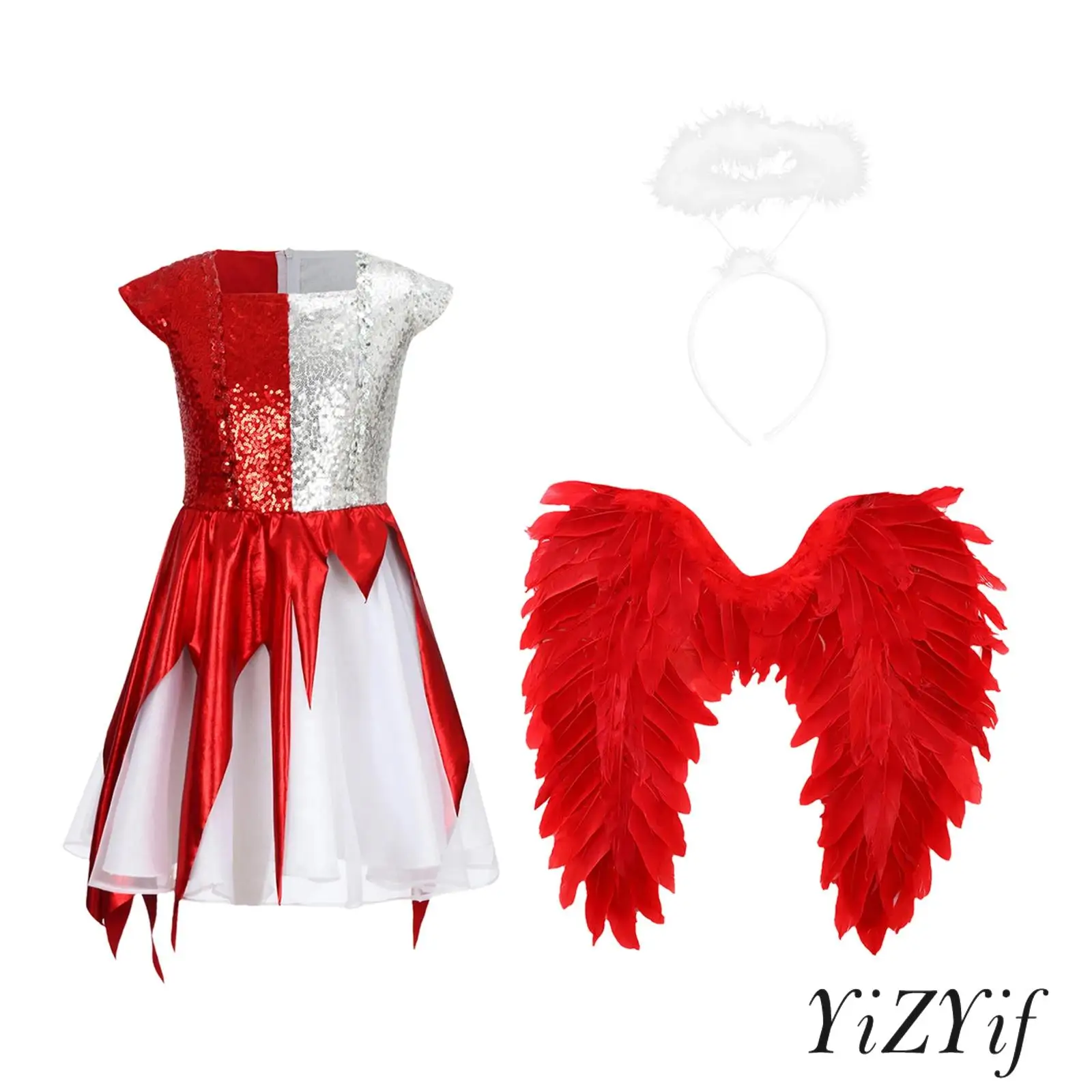 

Детское платье из 3 предметов с половиной ангела и дьявола для девочек, блестящее платье с квадратным воротником без рукавов, блестящее платье нестандартной формы с повязкой на голову и крылом