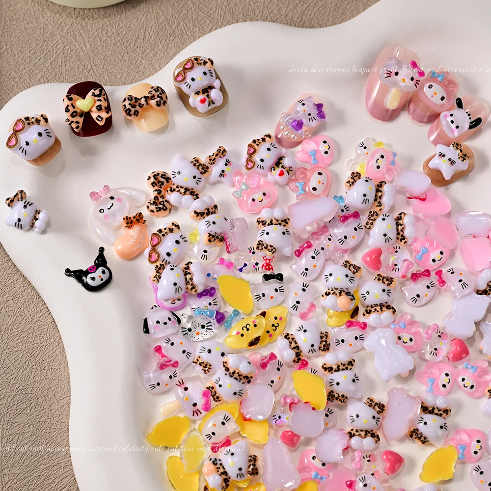 50pcs Leopard Hello Kitty Sanrio Nail Charms Bow My Melody Kuromi Cinnamoroll Nail Decorations Japanese Y2K Manicure Accessories