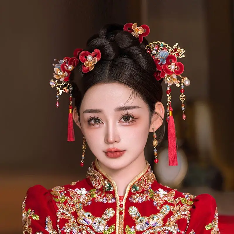 Xiuhe Headwear Chinese Bride Headwear Xiuhe Clothing Dragon and Phoenix Jacket Cashmere Flower Hairpin High-grade Wedding