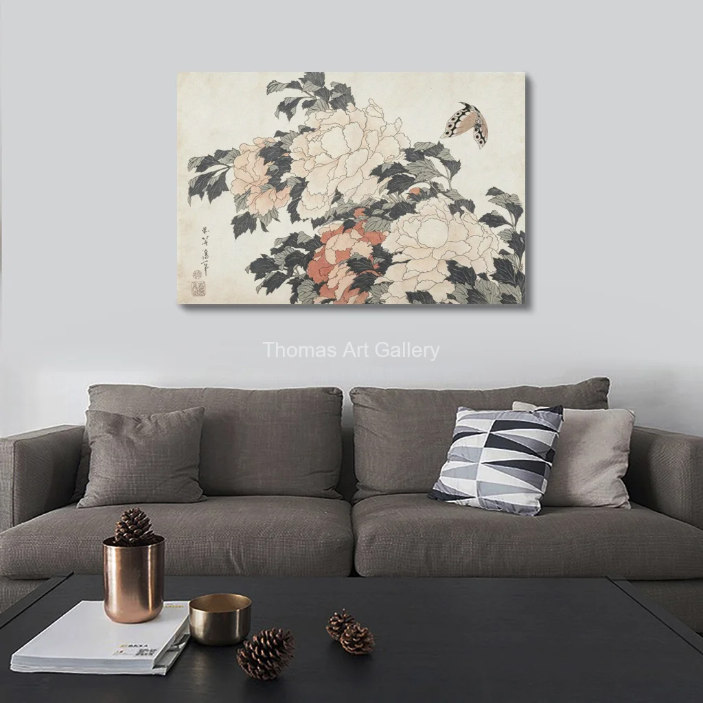 Japanese Ukiyo e Canvas Prints Bird Flowers Katsushika Hokusai Painting Poenies butterfly Wabi sabi Wall Art for Zen Living Room