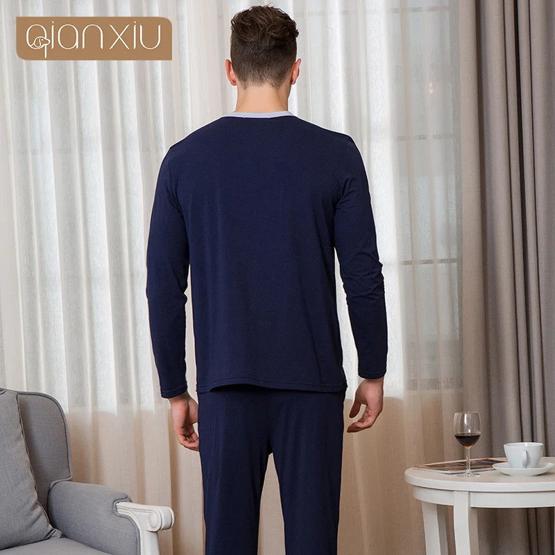 Pijama azul oscuro de algodón para hombre, traje de manga larga con cuello redondo, ropa de dormir, camisón, primavera y otoño