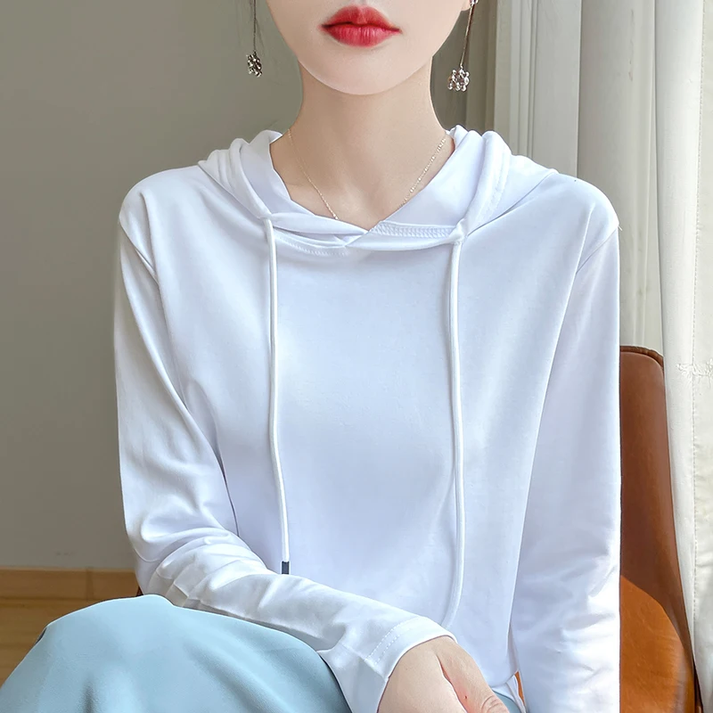 Spring Summer 100% Mercerized Cotton Hoodie Women Loose Straight Tops Simple Casual sweatshirt For Minimalist 2025