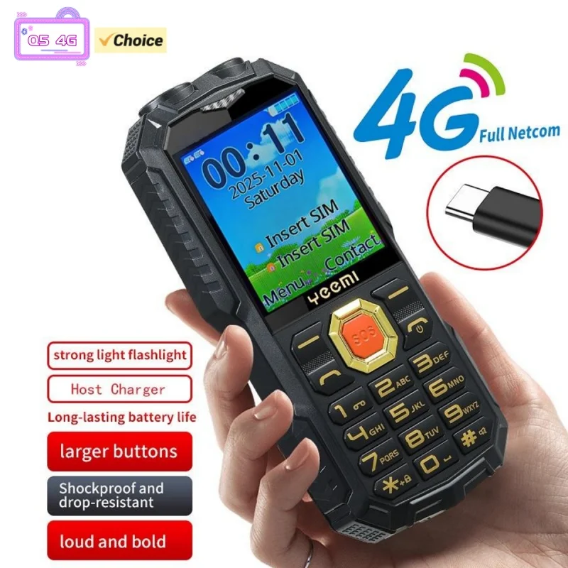 YEEMI Q5 4G Button Phone 2.4inches Dual SIM Card HD Call Camera FM LED Flashlight LTE Type-C Triple-proof Outdoor Mobile Phone