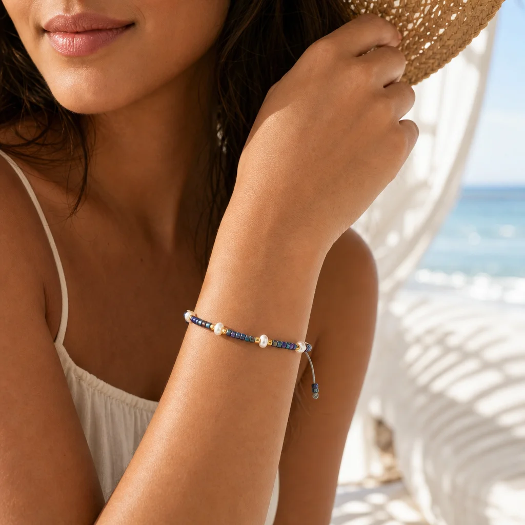 1pc Women's Bohemian Glass Beaded Adjustable Cord Bracelet with Round Blue Multicolor and White Beads and Tie Closure