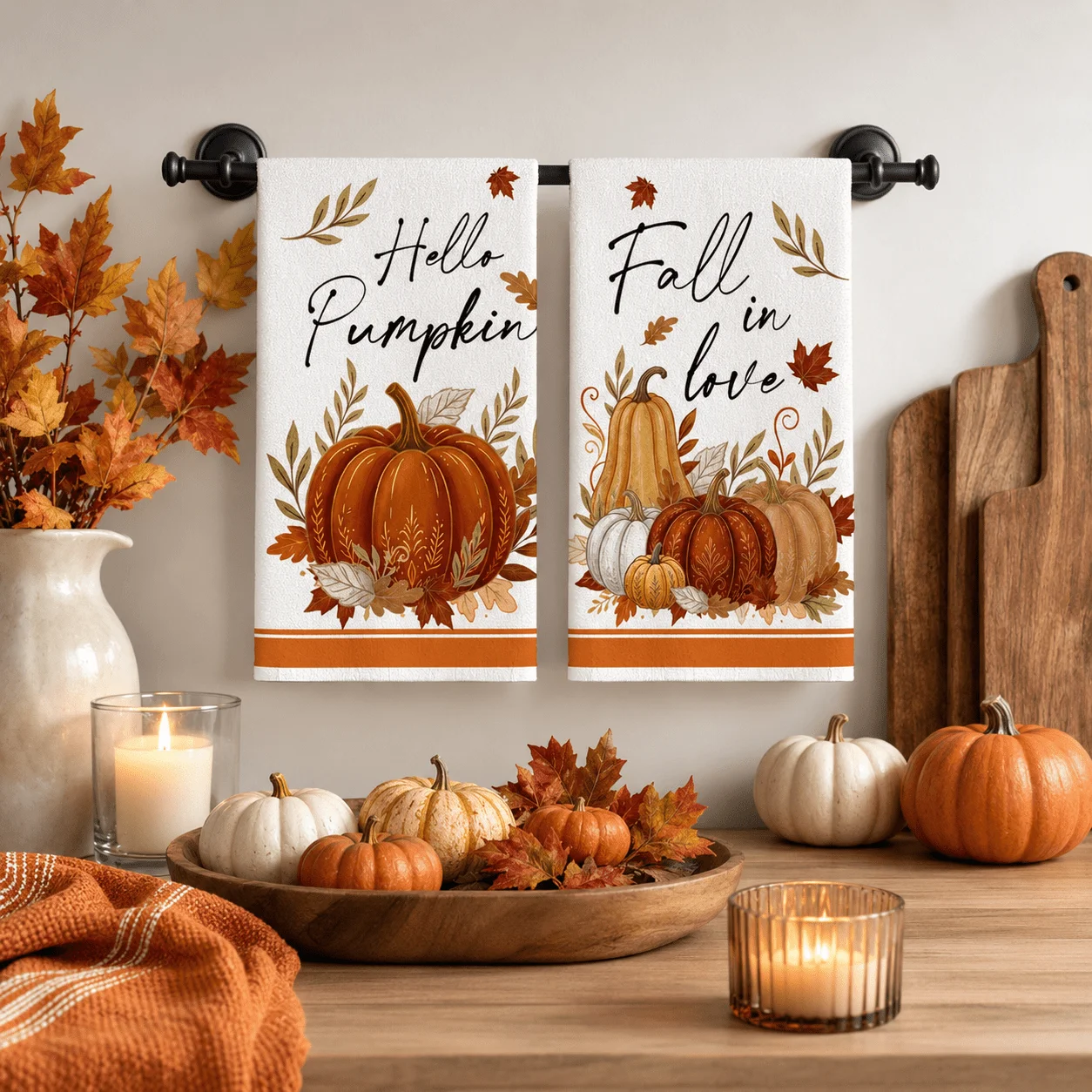 2 warm-toned pumpkin fallen leaves, autumn kitchen towels, scouring cloths, dishtowels, decorative kitchen tableware