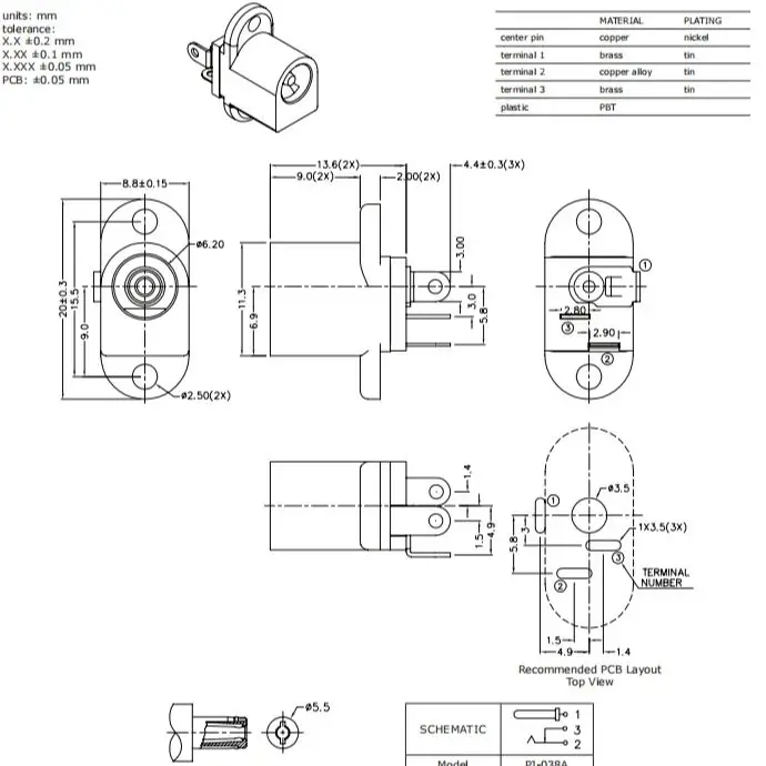 PJ-038A Panel Mount With Tabs And 2.5 mm Screw Holes DC Power Jack 2.0mm Right Angle UL94V-0 for Industrial Telecom Equipment
