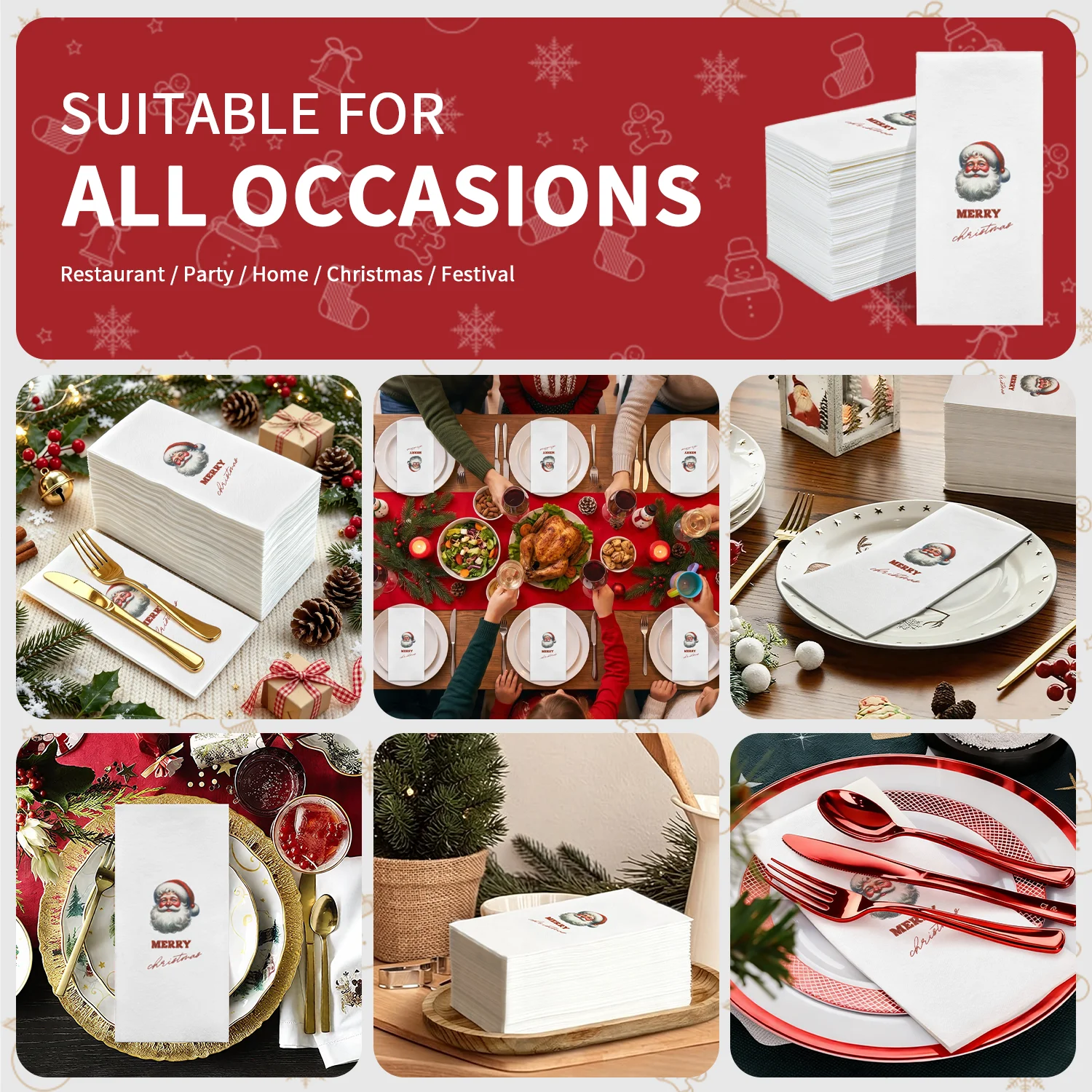 JINYUDOME Santa Design Christmas Paper Napkins - Linen Feel Napkins for Holiday Dinner And Christmas Party