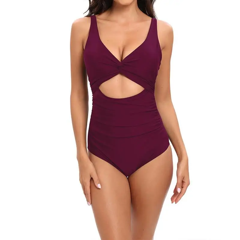 Sexy Women's One-Piece Swimsuit Deep V Pure Color 2024 New Arrival Mod Fabric mid Waist Five-Quarter Length Pan