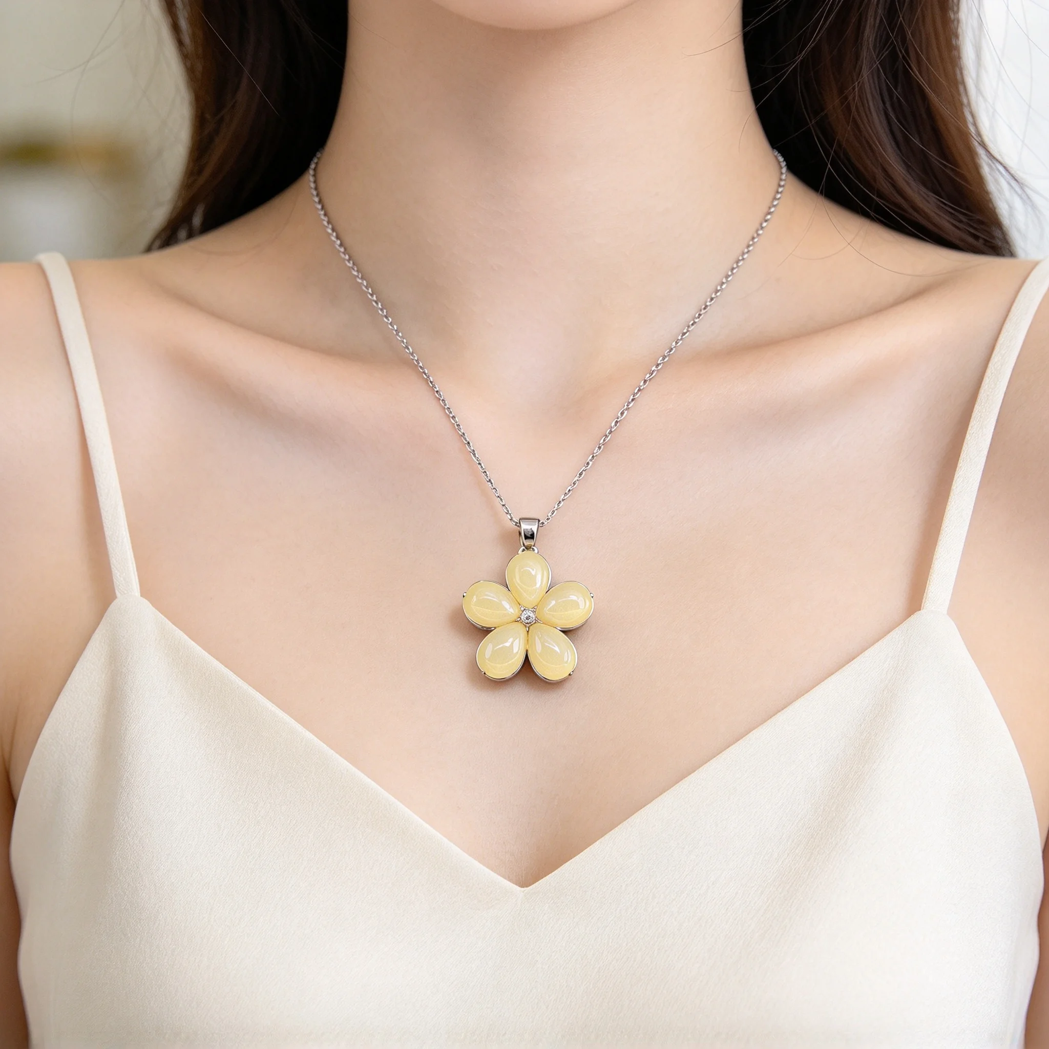 Silver Plated Flower Pendant Necklace Opal Stone Dainty Fashion Jewelry Wedding Birthday Anniversary Gift for Women