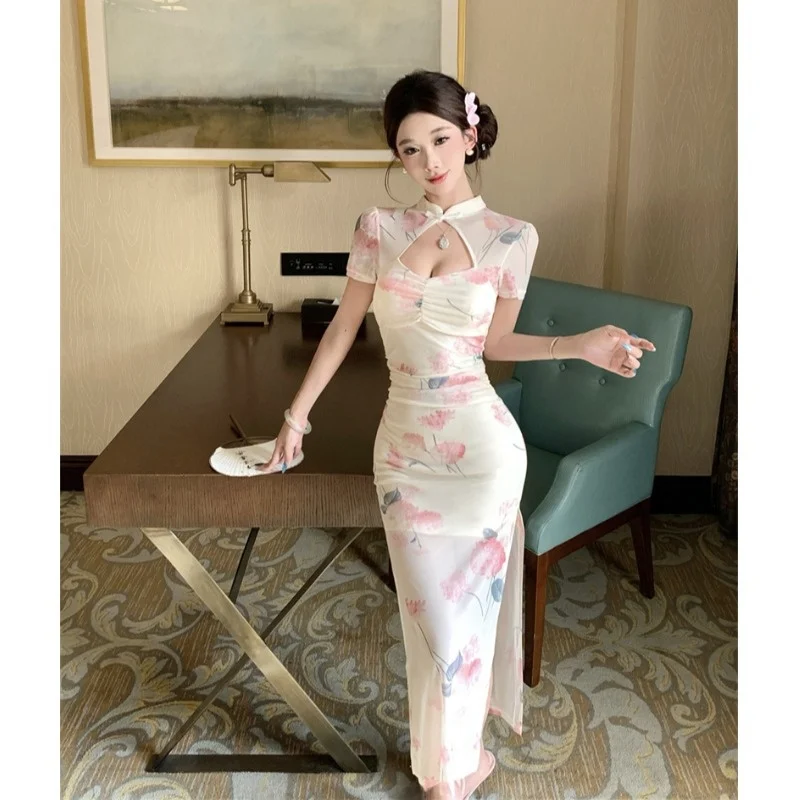

Sexy Vintage Chinese Style Long Qipao Dress Women's Spring Autumn New Style High Slit Bodycon Dress Floral Print Short Sleeve