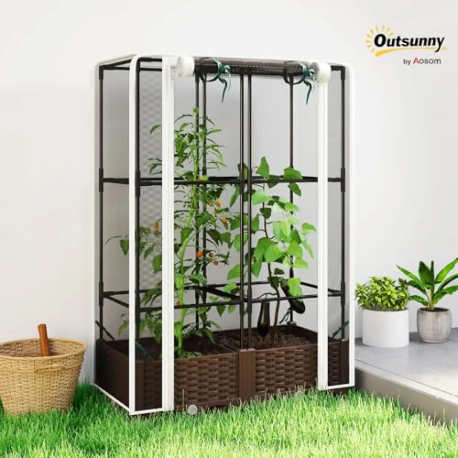 Raised Garden Bed with Trellis for Tomatoes and Climbing Plants: White Self-Watering Planter Box with Drainage Holes, Plugs, an