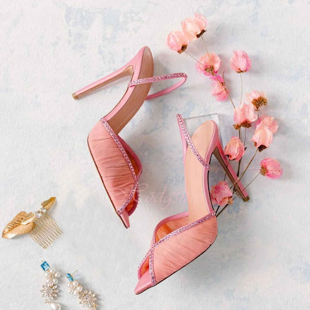 

Mesh Pointy Toe Sandals New Style Crystal Straps Slingback Sandals Women Sexy Shoes Stiletto Heels Solid Summer Party Designer