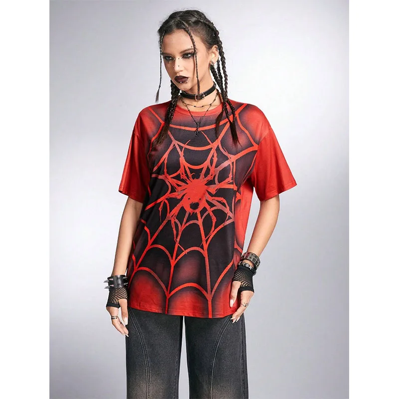 Summer 3D Printed Women\'s Tshirt Grunge Punk Spider Printed Ombre Loose Round Neck Short Sleeve T-Shirt Casual Streetwear TShirt