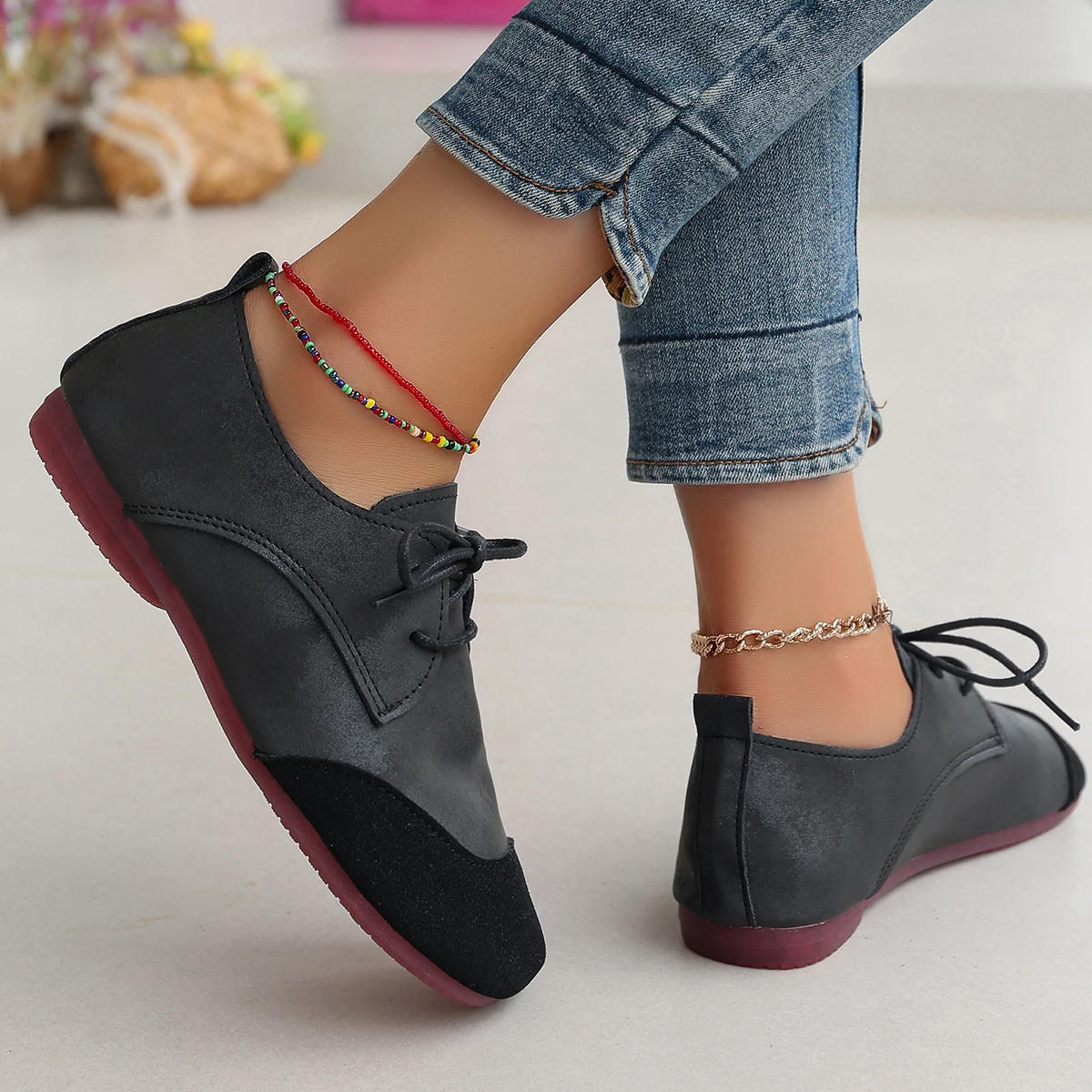 Women's Flat Shoes Spring New Round Head Matching Color Before Tying Hollow Soft Sole Anti-slip Wear-resistant Single Shoes