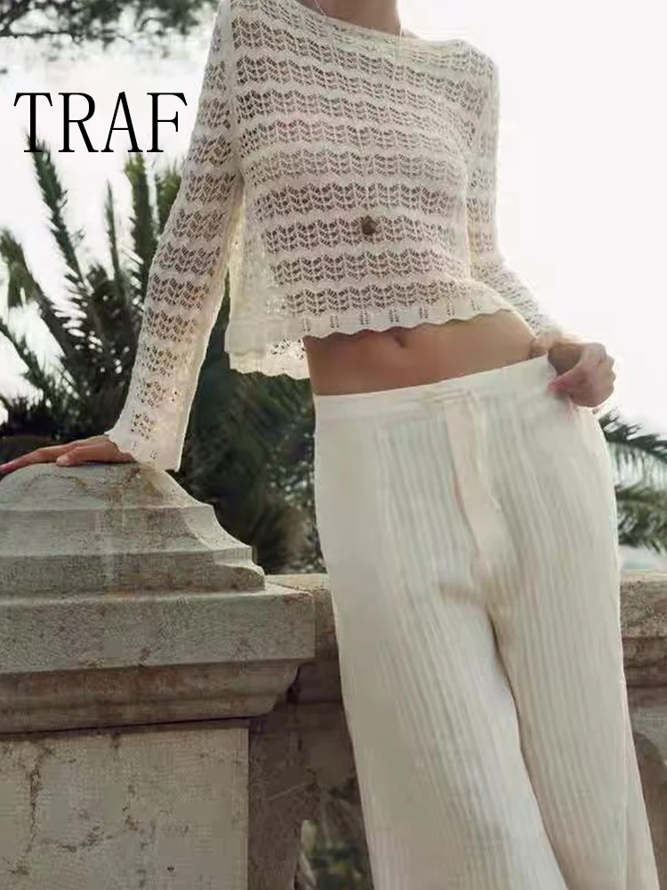

TRAF European and American style summer new women's casual temperament simple fashion long-sleeved hollow knit sweater