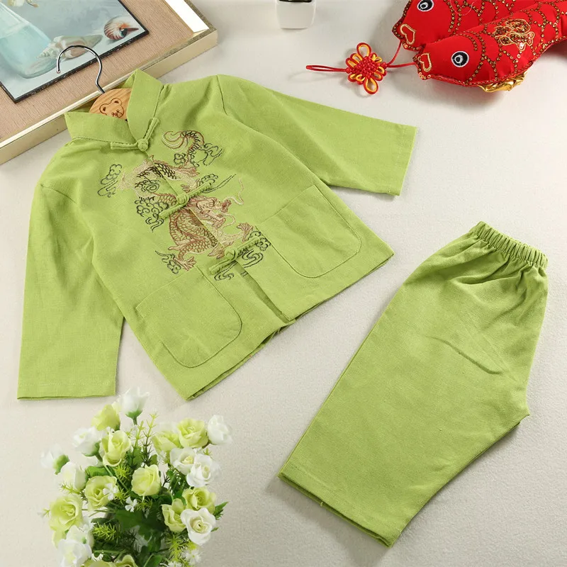 Boy Cotton Line Tang Clothes Long Sleeve Hanfu Set Child Chinese Style Shirt&pants 2Pcs Outfit Embroider Dragon Kongfu Costume