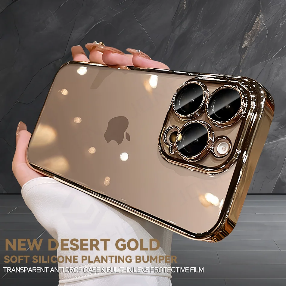 Luxury Plating Desert Gold Bumper Slim Clear Silicone Case For iPhone 16 15 14 13 12 17 Pro Max 16Plus Lens Film Protect Cover