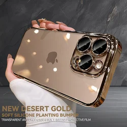 Luxury Plating Desert Gold Bumper Slim Clear Silicone Case For iPhone 16 15 14 13 12 17 Pro Max 16Plus Lens Film Protect Cover
