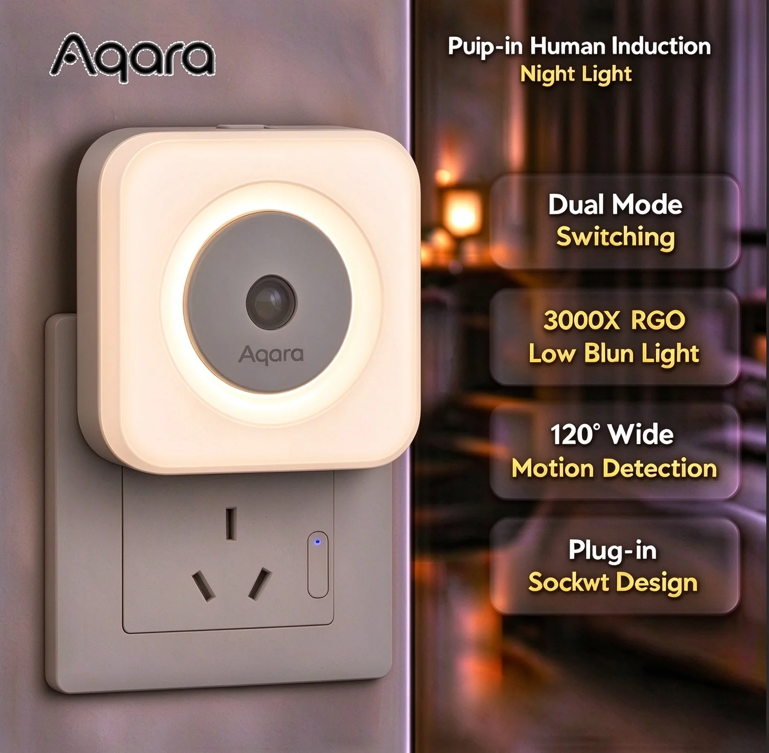 Aqara Plug-in Motion Sensor Night Light Human Induction Lamp 3000K Warm Light Ultra Low Power for Stair Toilet Bedroom