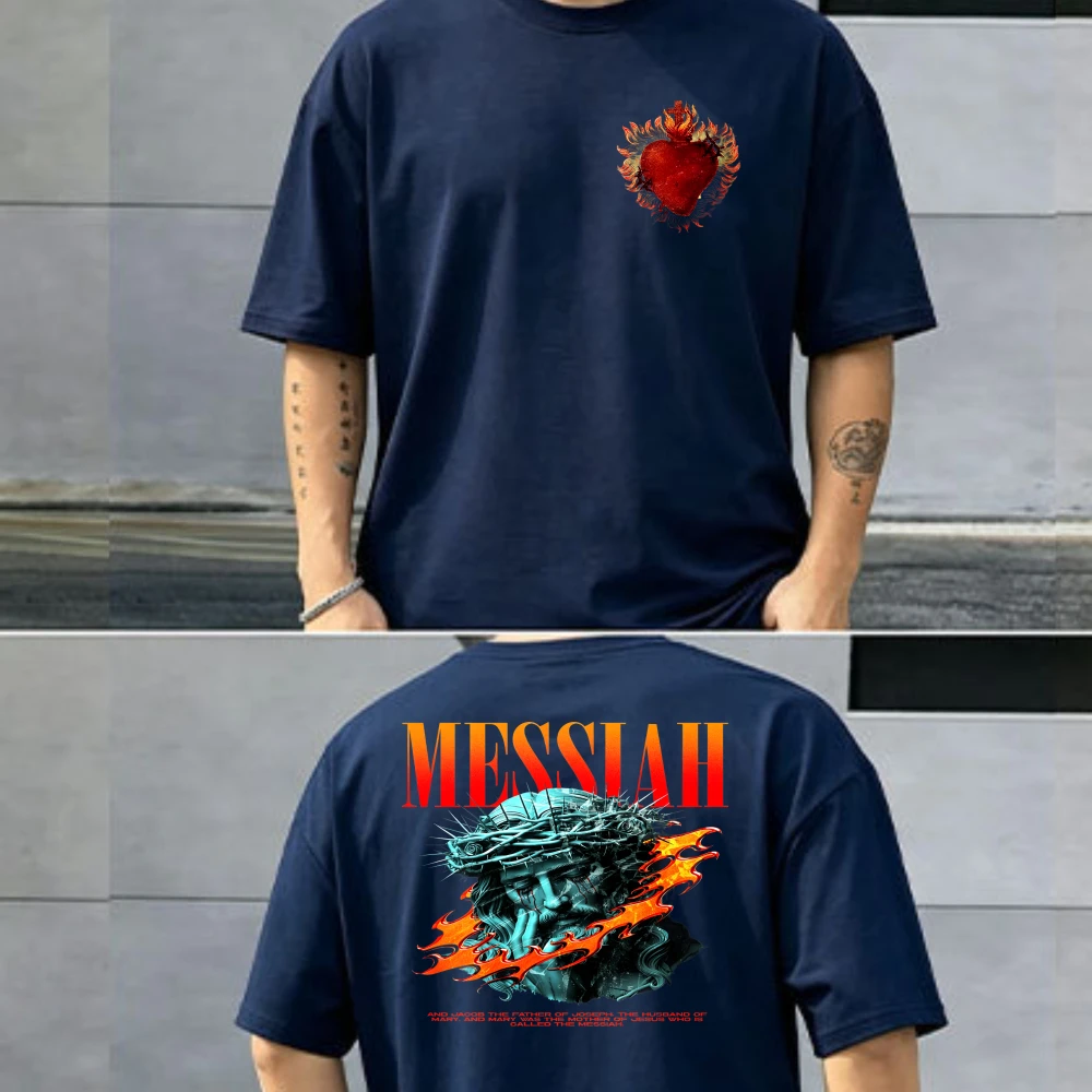 Gradient Messiah Letter Jesus Crown of Thorns Flame Slash Art T Shirt Red Cotton Crew Neck Fit Religious Trend Streetwear Tees