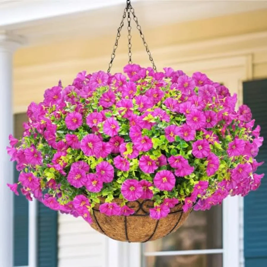 

Artificial Flowers Hanging Basket, 10 Bundles UV Resistant Faux Silk Morning Glory Flowers with Eucalyptus Leaves, Realistic Pl