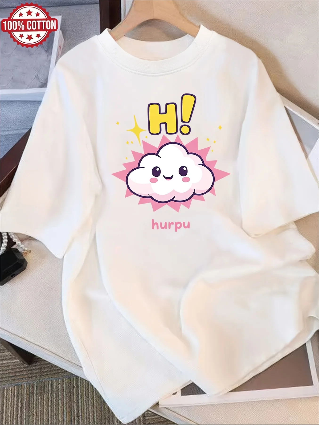 Trendy Summer Cloud Hi Printed Round Neck Women's Clothing Comfortable and Casual Girl's T-shirt Vitality Daily Short Sleeve