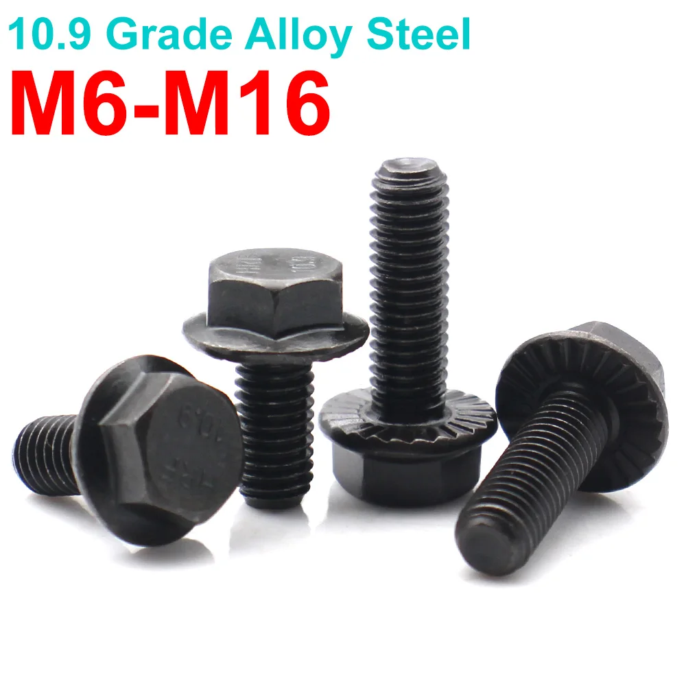 1-10pcs 10.9 Grade Black Oxide Serrated Flange Hex Bolt External Hex Anti Slip Screw With Washer M5 M6 M8 M10 M12 M14 M16